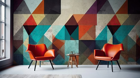 Modern living room interior with red armchairs and colorful geometric pattern on concrete wall. Mock up, 3D Renderingの素材