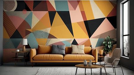 Interior of modern living room with brown sofa, coffee table and colorful geometric pattern on wall. 3d renderingの素材