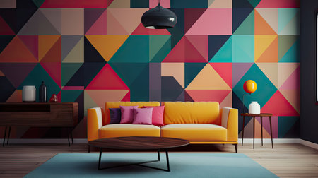 Interior of modern living room with colorful geometric pattern. 3D renderingの素材