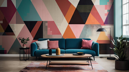 Interior of modern living room with blue sofa, coffee table and colorful geometric pattern wall. 3d renderingの素材
