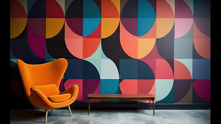 Interior of modern living room with orange armchair and colorful wallの素材