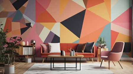 Interior of modern living room with brown sofa, orange armchair, coffee table and colorful geometric pattern on the wall. 3d renderingの素材