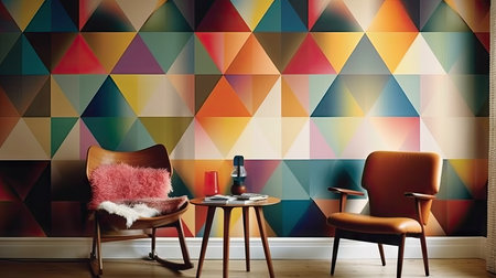 Interior of modern living room with colorful geometric pattern on the wallの素材
