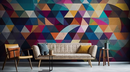 Interior of modern living room with colorful geometric pattern on the wallの素材