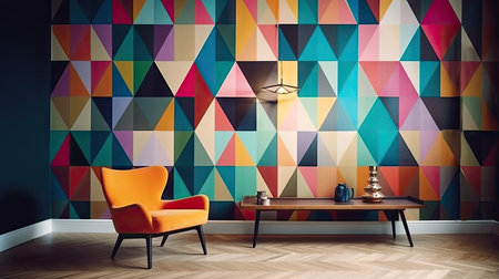 Interior of modern living room with colorful geometric pattern. 3D Renderingの素材