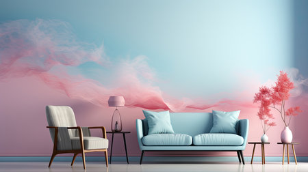 Interior of modern living room with blue sofa, coffee table and pink wall - 3D renderingの素材