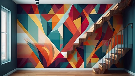 Interior of modern bright room with colorful walls, wooden floor and staircase. 3d renderingの素材