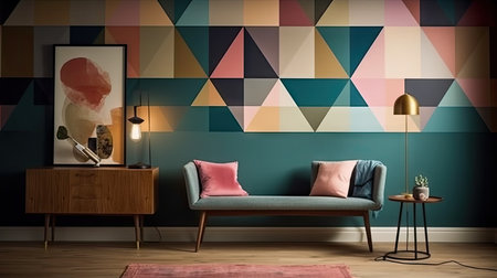 Interior of modern living room with sofa, lamp and colorful wallの素材