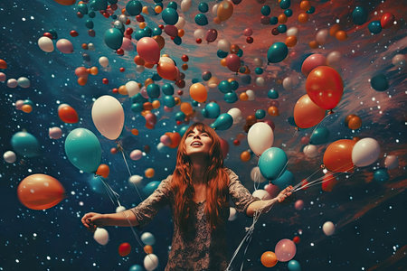 Beautiful young woman with colorful balloons flying in the night sky.の素材