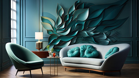 Interior of modern living room with blue walls, wooden floor, green sofa and armchair. 3d renderingの素材