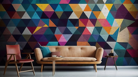 Interior of modern living room with geometric pattern on wall and sofaの素材