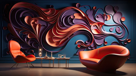 Modern interior with red armchairs, table and candles. 3D renderingの素材