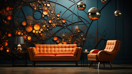 Interior of modern living room with orange leather sofa 3D renderingの素材