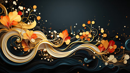 abstract background with floral ornament and golden waves. Vector illustration.の素材