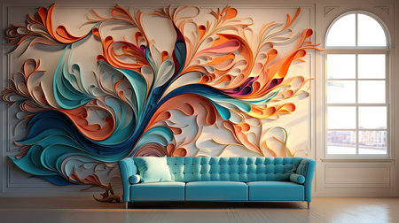 Interior of living room with blue sofa and abstract pattern on wallの素材