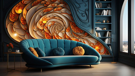 Living room interior with blue sofa and bookshelf - 3d renderingの素材