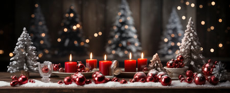 Christmas, New Year interior with red brick wall background, decorated fir tree with garlands and balls, dark drawerの素材