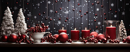 Christmas, New Year interior with red brick wall background, decorated fir tree with garlands and balls, dark drawerの素材