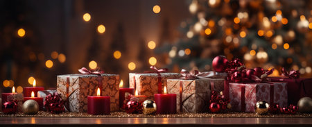 Decorated xmas table with Merry Christmas gifts in cozy Santa home interior, banner. Happy New Year presents boxes in workshop late in night with lights on xmas tree, holiday eve backgroundの素材
