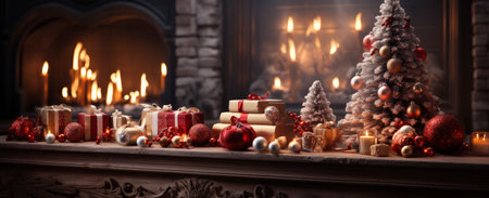 Christmas and New Year interior decoration. Green tree decorated with toys, gifts, present boxes, flashing garland, illuminated lamps. Fireplace and xmas tree. Cozy Christmas atmosphereの素材