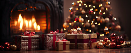 Christmas and New Year interior decoration. Green tree decorated with toys, gifts, present boxes, flashing garland, illuminated lamps. Fireplace and xmas tree. Cozy Christmas atmosphereの素材