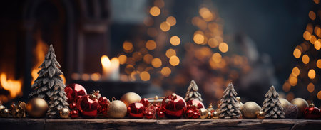 Christmas and New Year interior decoration. Green tree decorated with toys, gifts, present boxes, flashing garland, illuminated lamps. Fireplace and xmas tree. Cozy Christmas atmosphereの素材