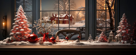 Christmas, New Year interior with red brick wall background, decorated fir tree with garlands and ballsの素材