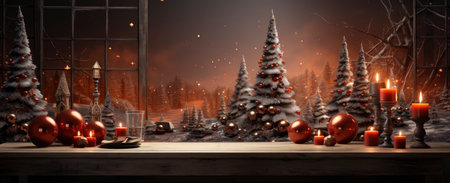 Christmas, New Year interior with red brick wall background, decorated fir tree with garlands and ballsの素材