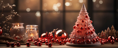 Christmas, New Year interior with red brick wall background, decorated fir tree with garlands and ballsの素材