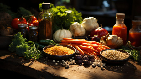 Autumn still life with fruits, berries and autumnal leaves on wooden backgroundの素材