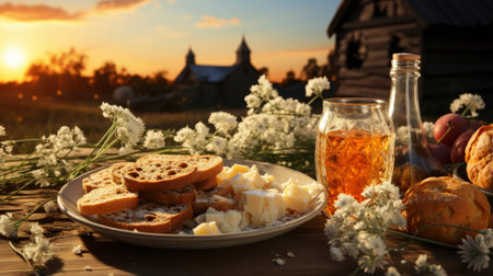 Autumn still life with fruits, berries and autumnal leaves on wooden backgroundの素材