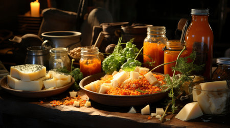 Autumn still life with fruits, berries and autumnal leaves on wooden backgroundの素材