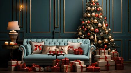 A cozy living room illuminated with numerous decorated lights ready to celebrate Christmas. Christmas room interior design, Xmas tree decorated by lights, candles and garland lighting indoors fireplaceの素材