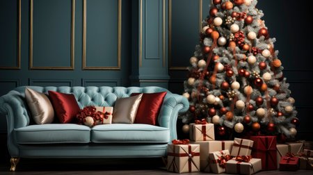 A cozy living room illuminated with numerous decorated lights ready to celebrate Christmas. Christmas room interior design, Xmas tree decorated by lights, candles and garland lighting indoors fireplaceの素材