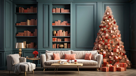 A cozy living room illuminated with numerous decorated lights ready to celebrate Christmas. Christmas room interior design, Xmas tree decorated by lights, candles and garland lighting indoors fireplaceの素材