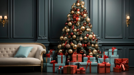 A cozy living room illuminated with numerous decorated lights ready to celebrate Christmas. Christmas room interior design, Xmas tree decorated by lights, candles and garland lighting indoors fireplaceの素材