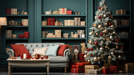 A cozy living room illuminated with numerous decorated lights ready to celebrate Christmas. Christmas room interior design, Xmas tree decorated by lights, candles and garland lighting indoors fireplaceの素材