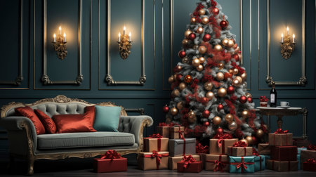 A cozy living room illuminated with numerous decorated lights ready to celebrate Christmas. Christmas room interior design, Xmas tree decorated by lights, candles and garland lighting indoors fireplaceの素材