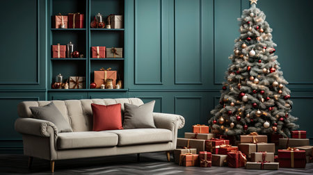 A cozy living room illuminated with numerous decorated lights ready to celebrate Christmas. Christmas room interior design, Xmas tree decorated by lights, candles and garland lighting indoors fireplaceの素材