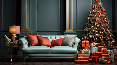 A cozy living room illuminated with numerous decorated lights ready to celebrate Christmas. Christmas room interior design, Xmas tree decorated by lights, candles and garland lighting indoors fireplaceの素材