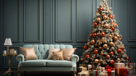 A cozy living room illuminated with numerous decorated lights ready to celebrate Christmas. Christmas room interior design, Xmas tree decorated by lights, candles and garland lighting indoors fireplaceの素材