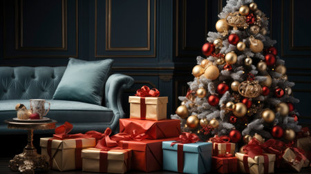 A cozy living room illuminated with numerous decorated lights ready to celebrate Christmas. Christmas room interior design, Xmas tree decorated by lights, candles and garland lighting indoors fireplaceの素材