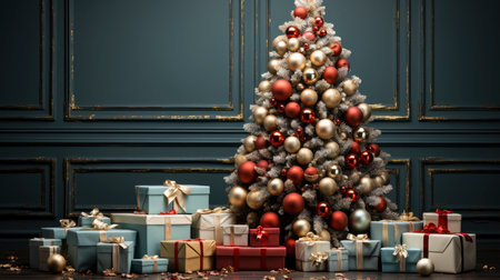 A cozy living room illuminated with numerous decorated lights ready to celebrate Christmas. Christmas room interior design, Xmas tree decorated by lights, candles and garland lighting indoors fireplaceの素材