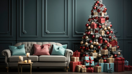 A cozy living room illuminated with numerous decorated lights ready to celebrate Christmas. Christmas room interior design, Xmas tree decorated by lights, candles and garland lighting indoors fireplaceの素材