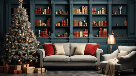 A cozy living room illuminated with numerous decorated lights ready to celebrate Christmas. Christmas room interior design, Xmas tree decorated by lights, candles and garland lighting indoors fireplaceの素材