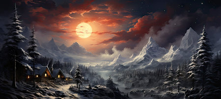 Christmas winter landscape with snow drifts, mountain village, forest, pines, reindeer. Holiday nature background with fox, hills, housesの素材