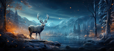 Christmas winter landscape with snow drifts, mountain village, forest, pines, reindeer. Holiday nature background with fox, hills, housesの素材