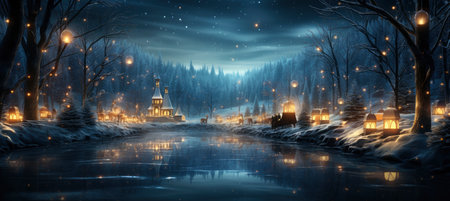 Christmas winter landscape with snow drifts, mountain village, forest, pines, reindeer. Holiday nature background with fox, hills, housesの素材