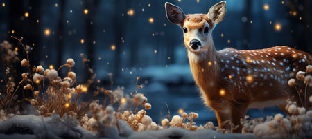 Christmas winter landscape with snow drifts, mountain village, forest, pines, reindeer. Holiday nature background with fox, hills, housesの素材