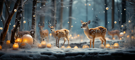 Christmas winter landscape with snow drifts, mountain village, forest, pines, reindeer. Holiday nature background with fox, hills, housesの素材